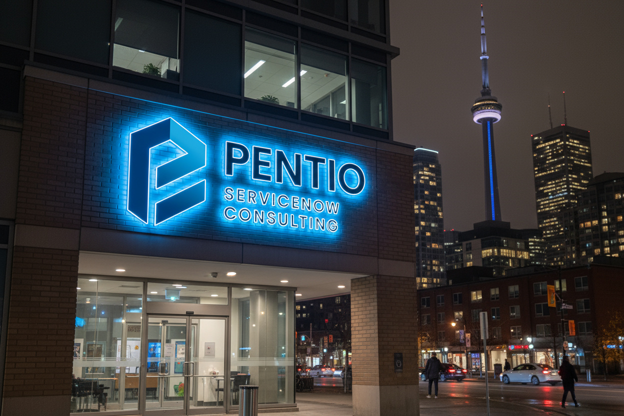 The illuminated Pentio ServiceNow Consulting sign on the Toronto office at night, with the CN Tower behind.
