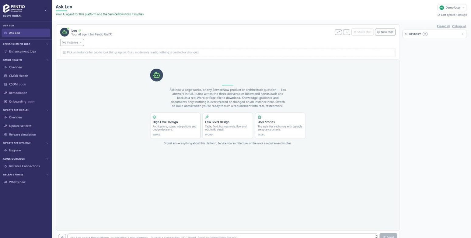 Ask Leo in Pentio UnifAI for a demo user, in Guru mode, with cards for the three documents Leo drafts: high level design, low level design and user stories.