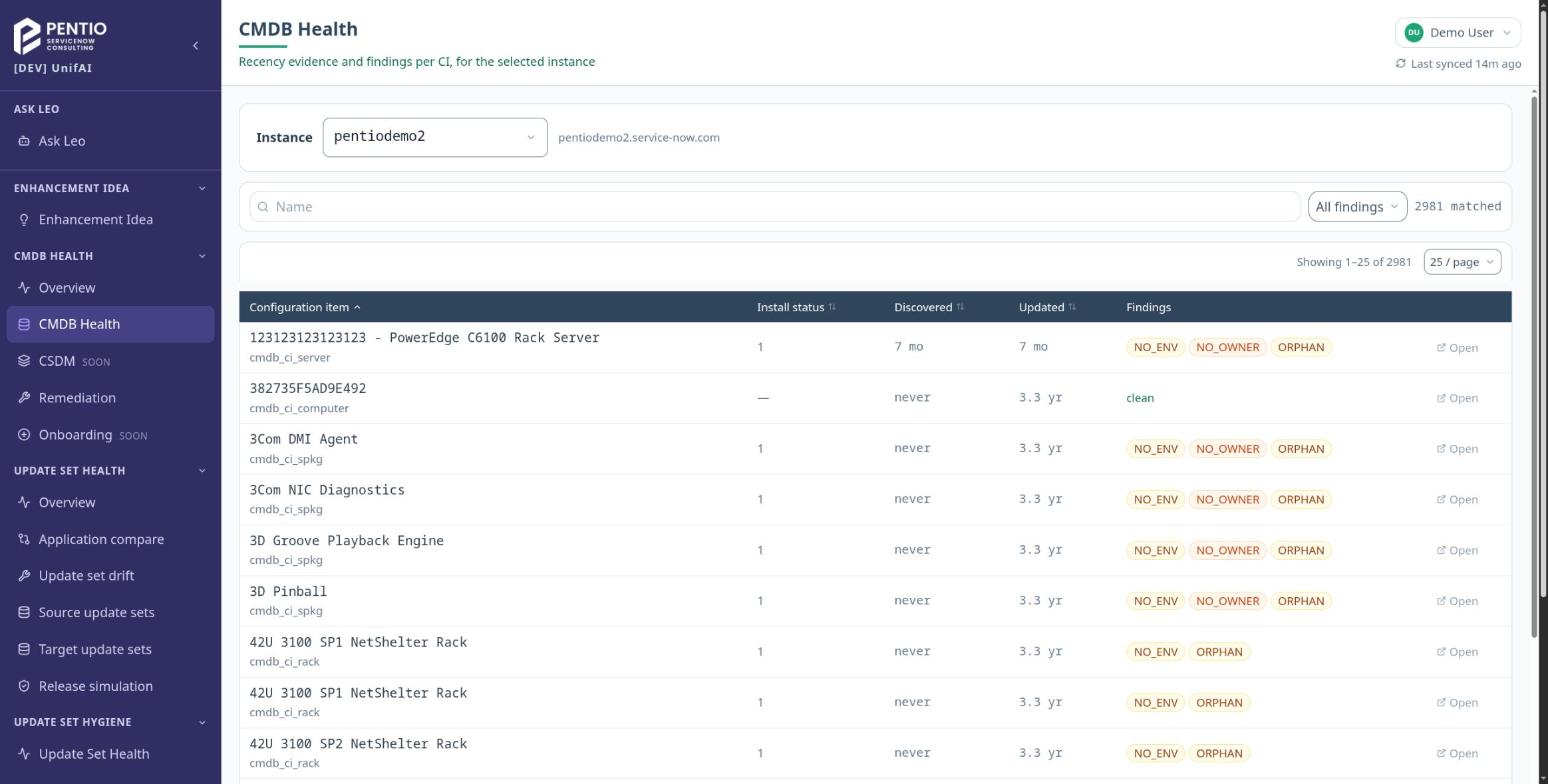 CMDB Health in Pentio UnifAI for a demo instance, listing configuration items with findings such as NO_ENV, NO_OWNER and ORPHAN.